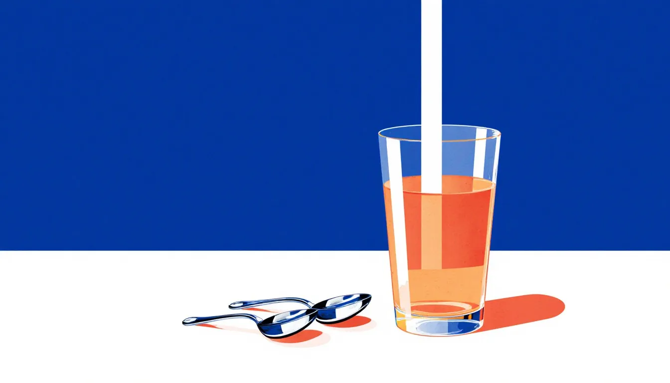 A glass of orange liquid with two matching spoons beside it and a narrow beam of light passing straight down through it