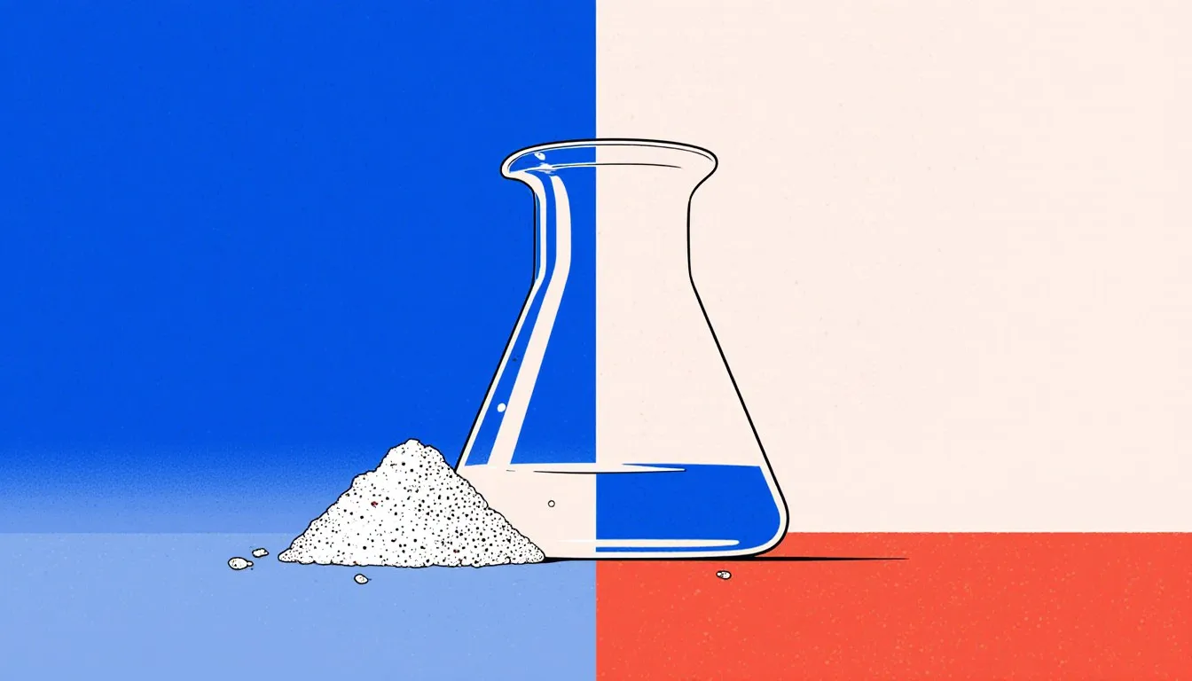 A beaker of clear salt solution beside a mound of salt crystals, representing a homogeneous mixture