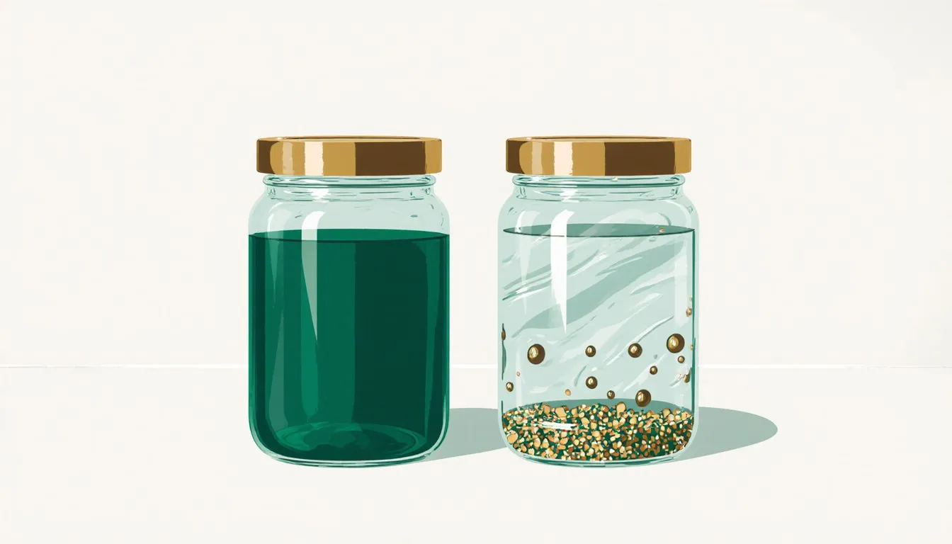 Two jars compared side by side: one with a uniform blended liquid, the other with visibly separated grains and droplets