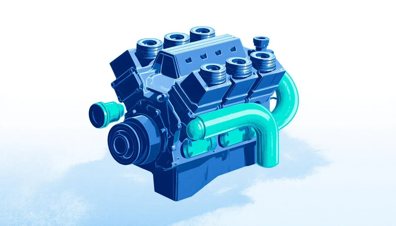 Illustration of a car engine cutaway showing cylinders and pistons, the mechanical source of horsepower