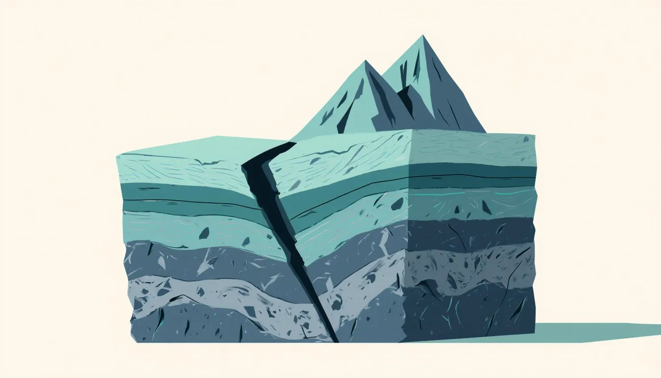 Cross-section diagram of tilted rock layers thrust upward along a steep fault line to form a jagged mountain peak
