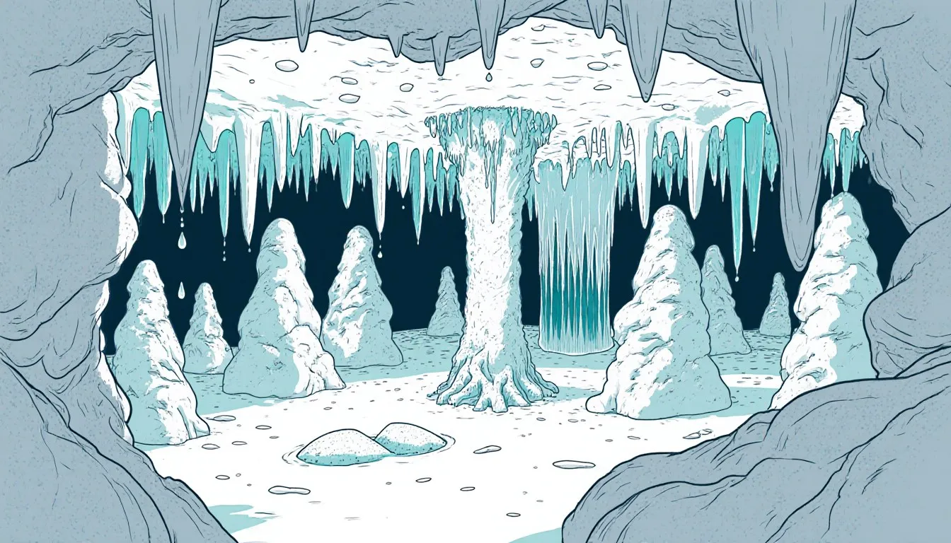 Illustration of a limestone cave interior with stalactites, stalagmites, and a column formed where they meet