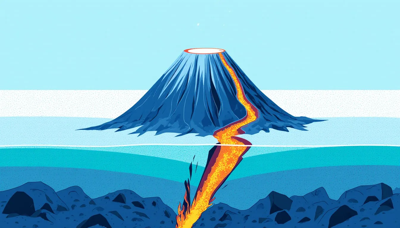 Cross-section illustration of an underwater volcano erupting where two tectonic plates converge on the ocean floor
