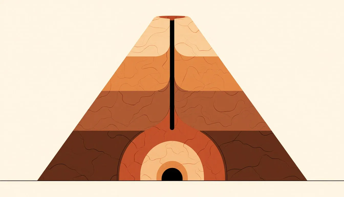 Cross-section of a cone-shaped volcanic mountain showing layered rock built up above an underground magma chamber
