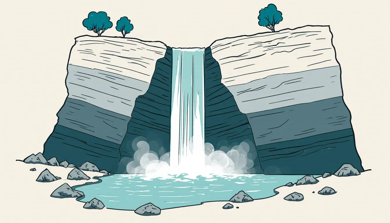 A waterfall pouring over layered rock, with a hard caprock overhanging eroded softer rock above a plunge pool