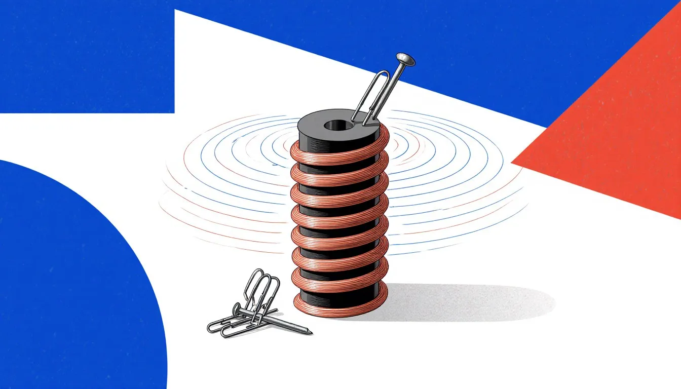 A copper wire coil wound around an iron core forms an electromagnet, drawing paperclips and a nail to one end.