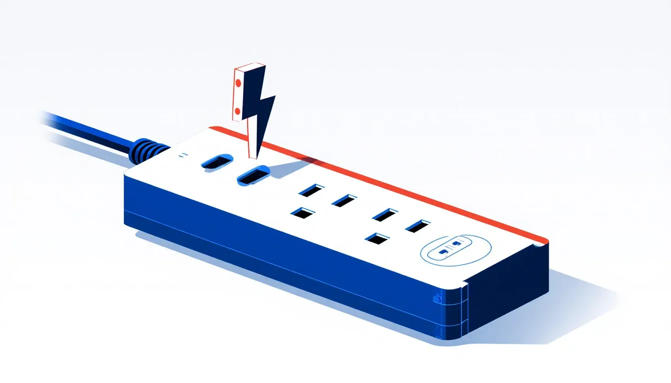A surge protector power strip with a jagged bolt symbol above one socket, signaling an incoming electrical surge