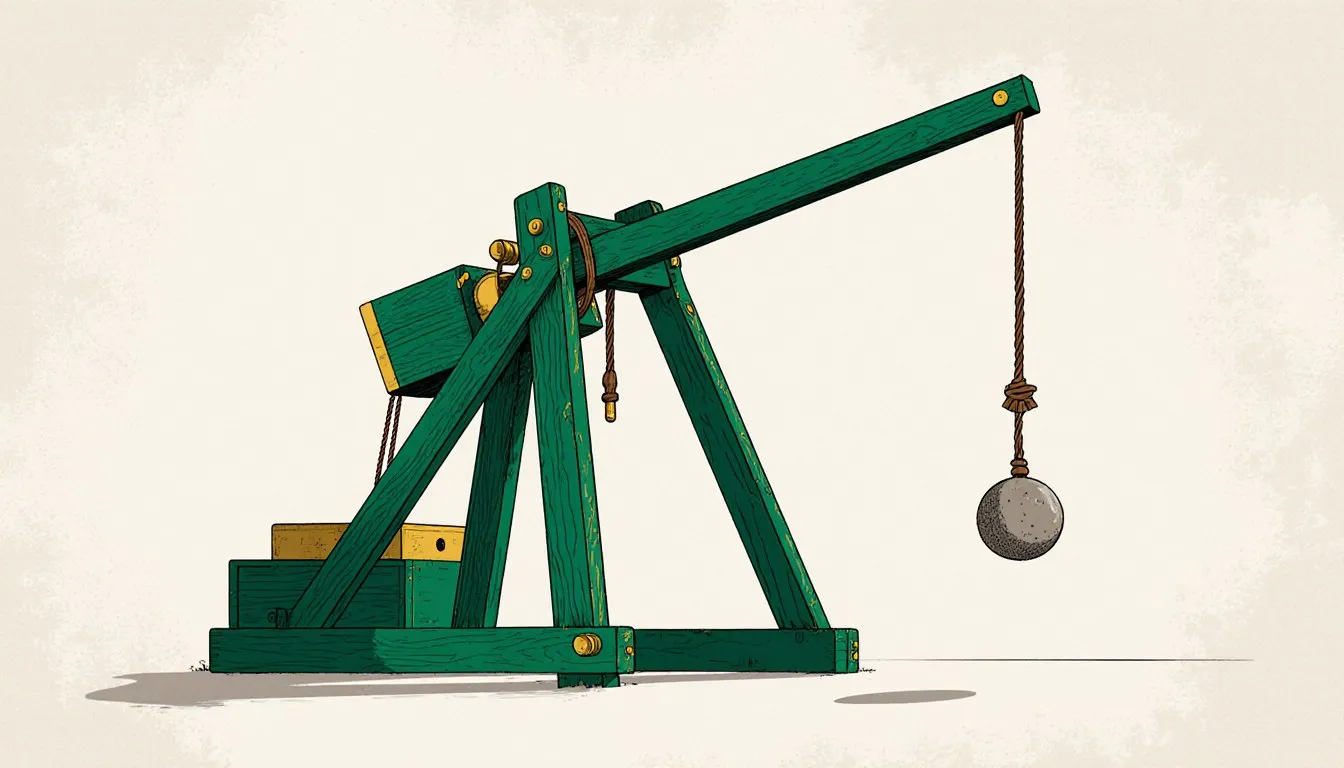 Illustration of a wooden trebuchet catapult mid-launch, its long arm and sling releasing a stone projectile