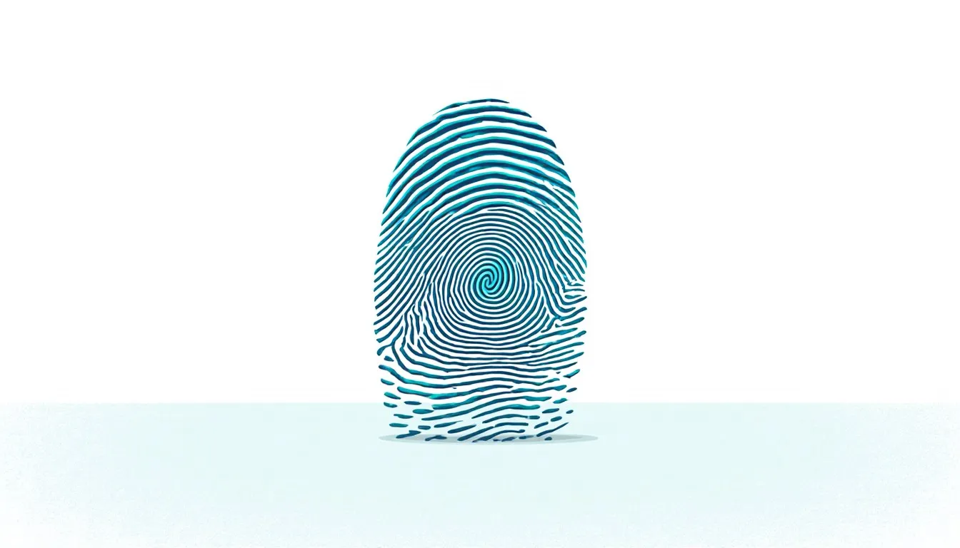 Illustration of a fingertip showing a detailed whorl-pattern fingerprint filling the frame
