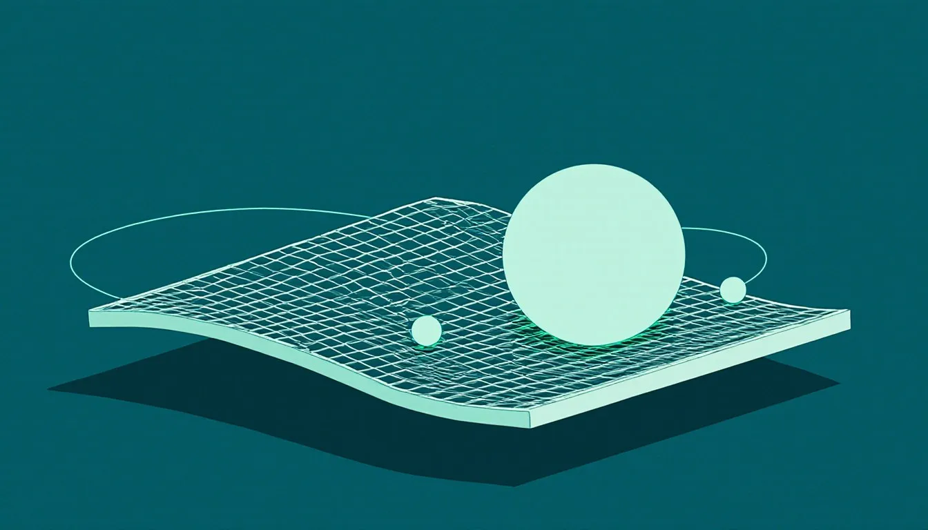 A sphere resting in a warped grid plane, illustrating how mass curves space to create gravity