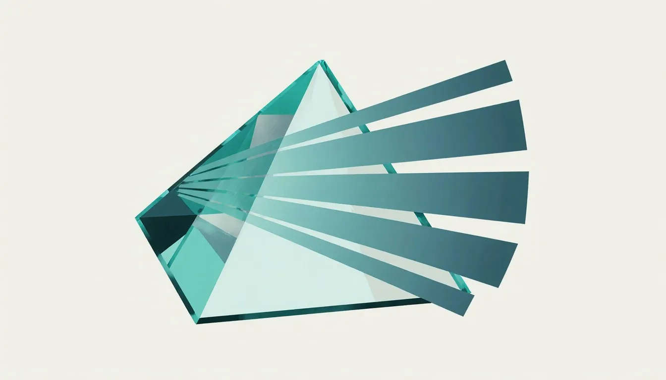 A glass prism bending a beam of light into a fan of spectral color bands