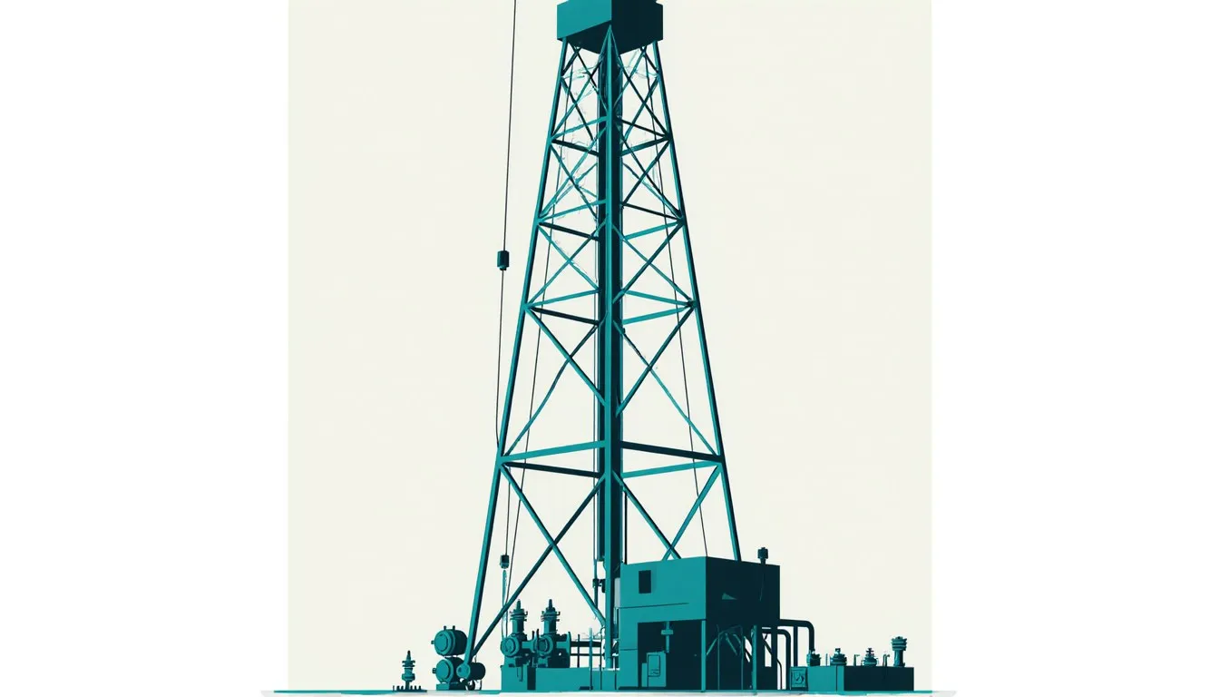 A tall lattice oil derrick tower with drill pipe suspended through its crown block above a compact drilling platform