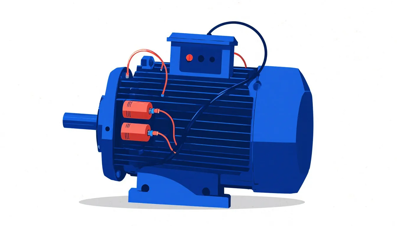 An induction motor fitted with capacitors and wiring, illustrating the core hardware of a rotary phase converter