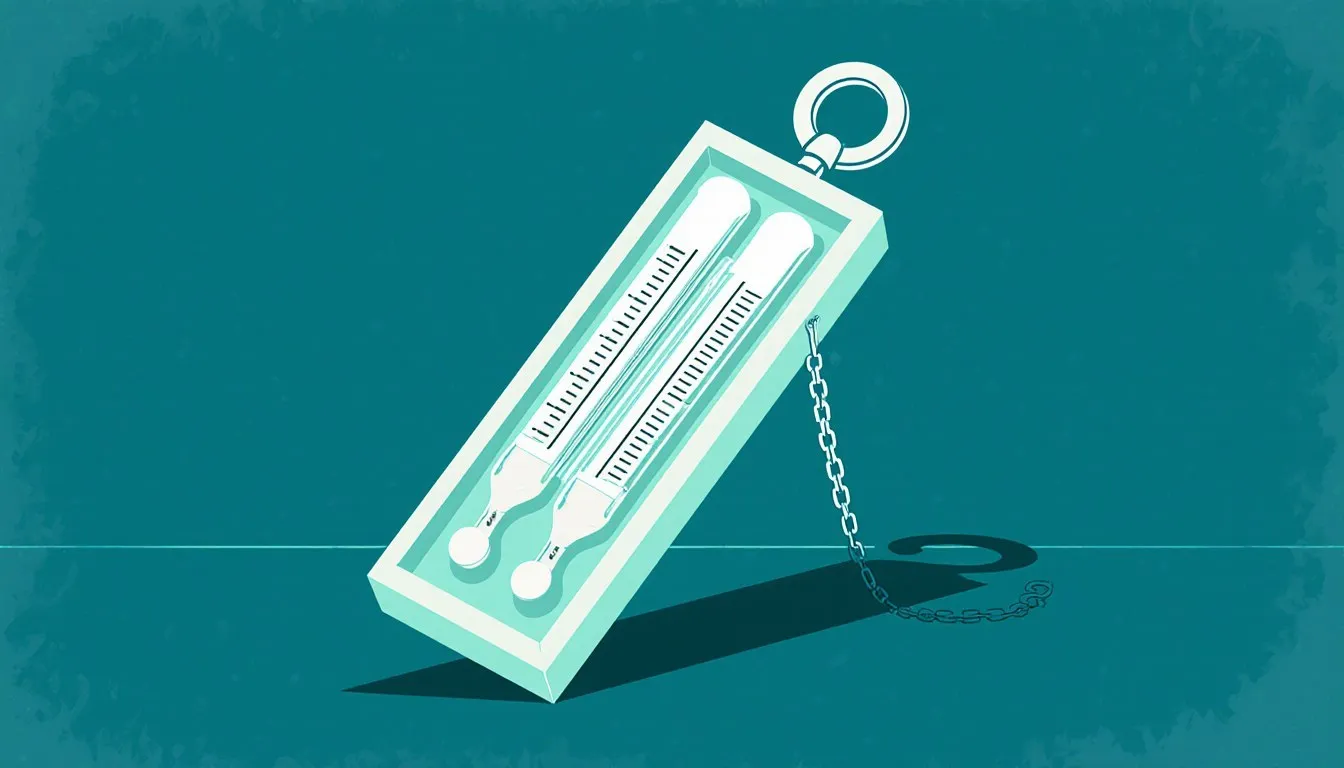 Illustration of a sling psychrometer with twin thermometers on a swivel chain
