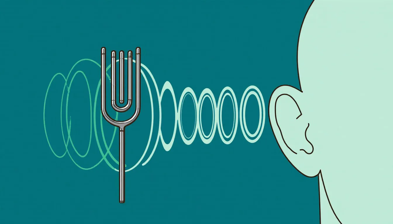 Illustration of sound waves rippling from a struck tuning fork toward a human ear