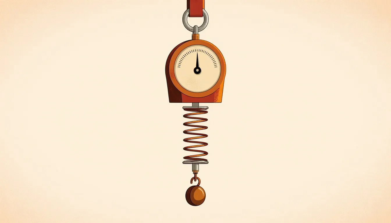 A spring scale with a coiled spring stretched by a hanging weight, illustrating how the device measures force.