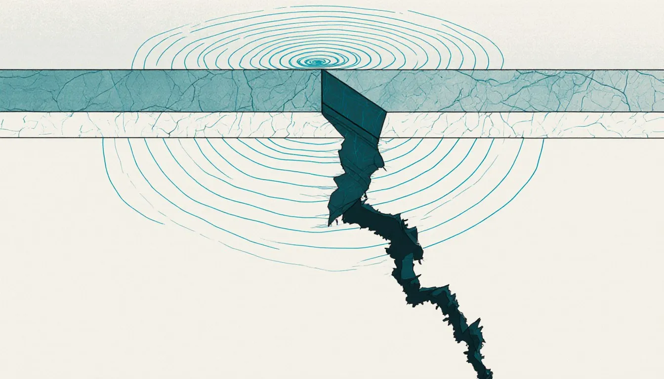 Illustrated cross-section of tectonic plates meeting at a fault line with seismic waves radiating outward