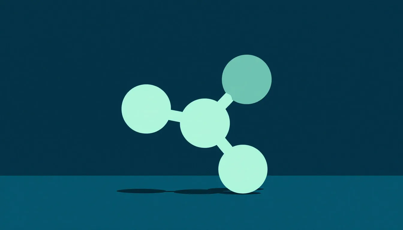 A bent, asymmetric ball-and-stick molecule with a tonal gradient suggesting uneven charge distribution across its structure