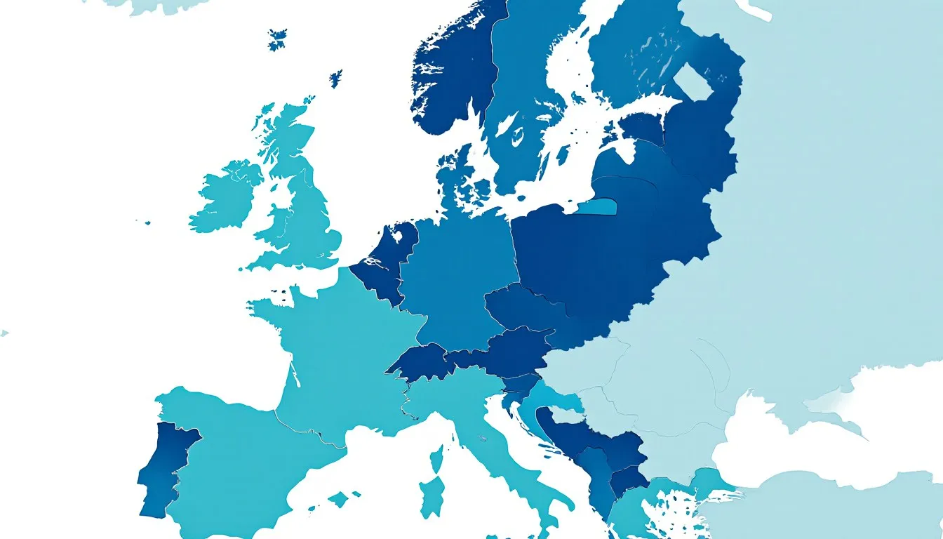 Stylized flat map of Europe divided into a mosaic of distinct country shapes and borders
