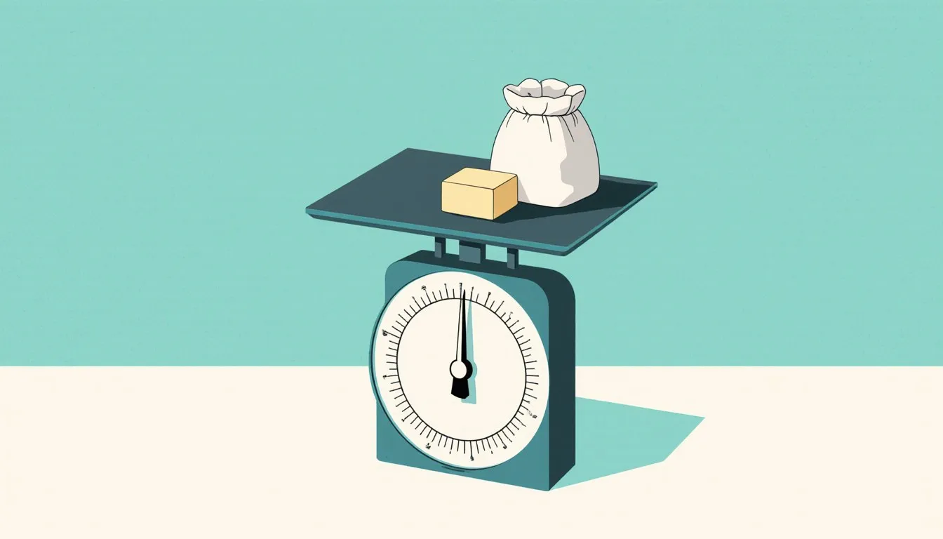 A kitchen dial scale weighing butter and a small sack of flour, illustrating ounce and pound measurement