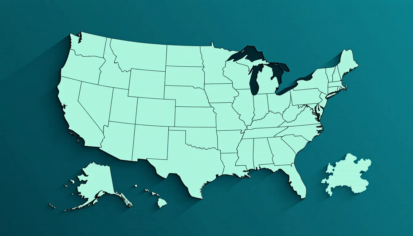 A flat map of the connected United States with individual state borders, alongside two separate outlying landmasses
