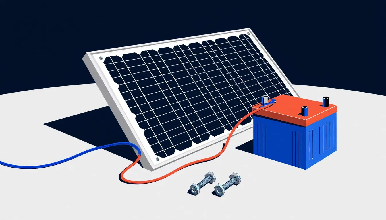 A small solar panel wired to a portable battery pack with loose screws and nuts beside it