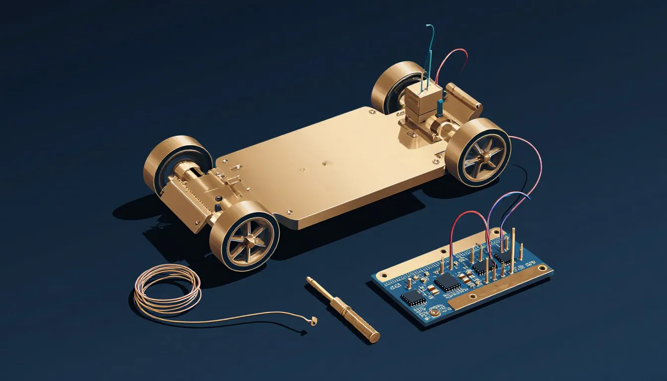 A metal RC car chassis with mounted wheels and motors beside a small circuit board, wire coil, and screwdriver