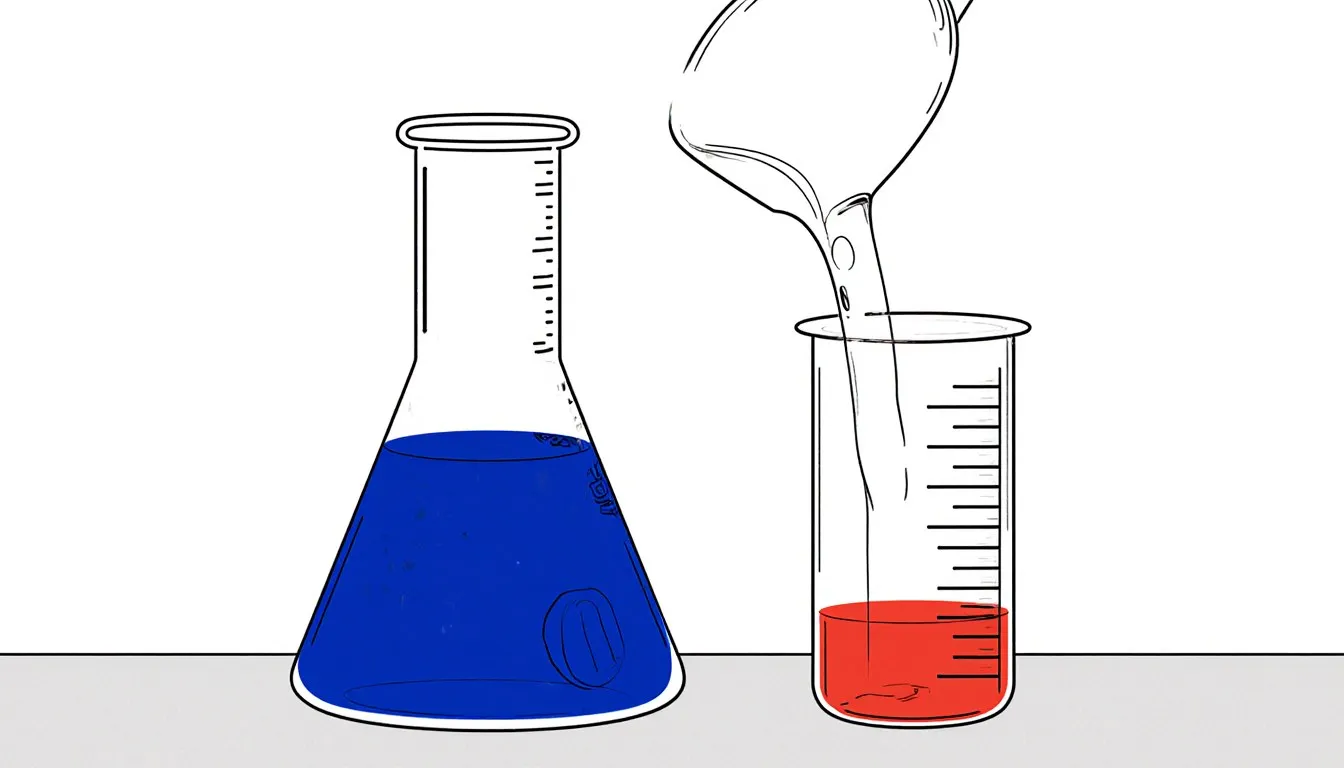 A volumetric flask of concentrated solution beside a graduated cylinder pouring in clear solvent, illustrating dilution