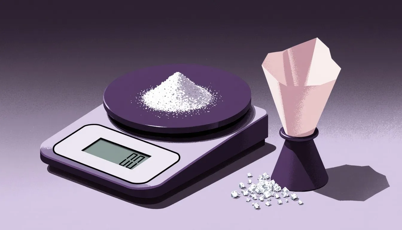 Laboratory balance weighing purified crystals beside a filter paper cone, illustrating percent recovery