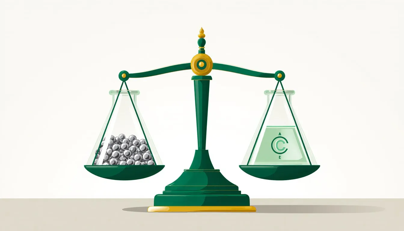 A balance scale weighing a beaker of sodium metal against a beaker of chlorine gas, illustrating limiting reagent chemistry.