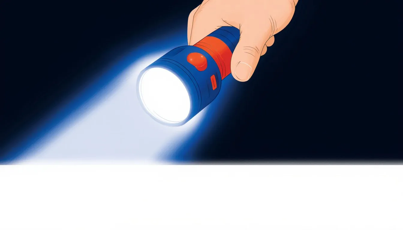 A flashlight projecting a cone-shaped beam of light, representing how brightness is measured in lumens and candlepower