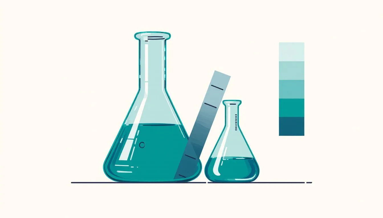 Illustration of two teal flasks beside a ruler and a stepped color scale