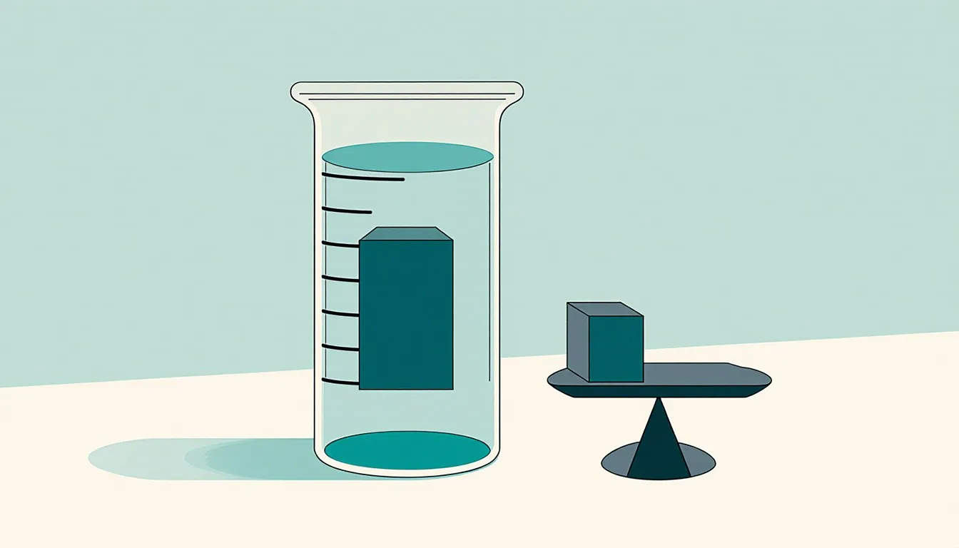 A solid block submerged in a graduated cylinder of water beside a balance scale, illustrating mass and volume measurement