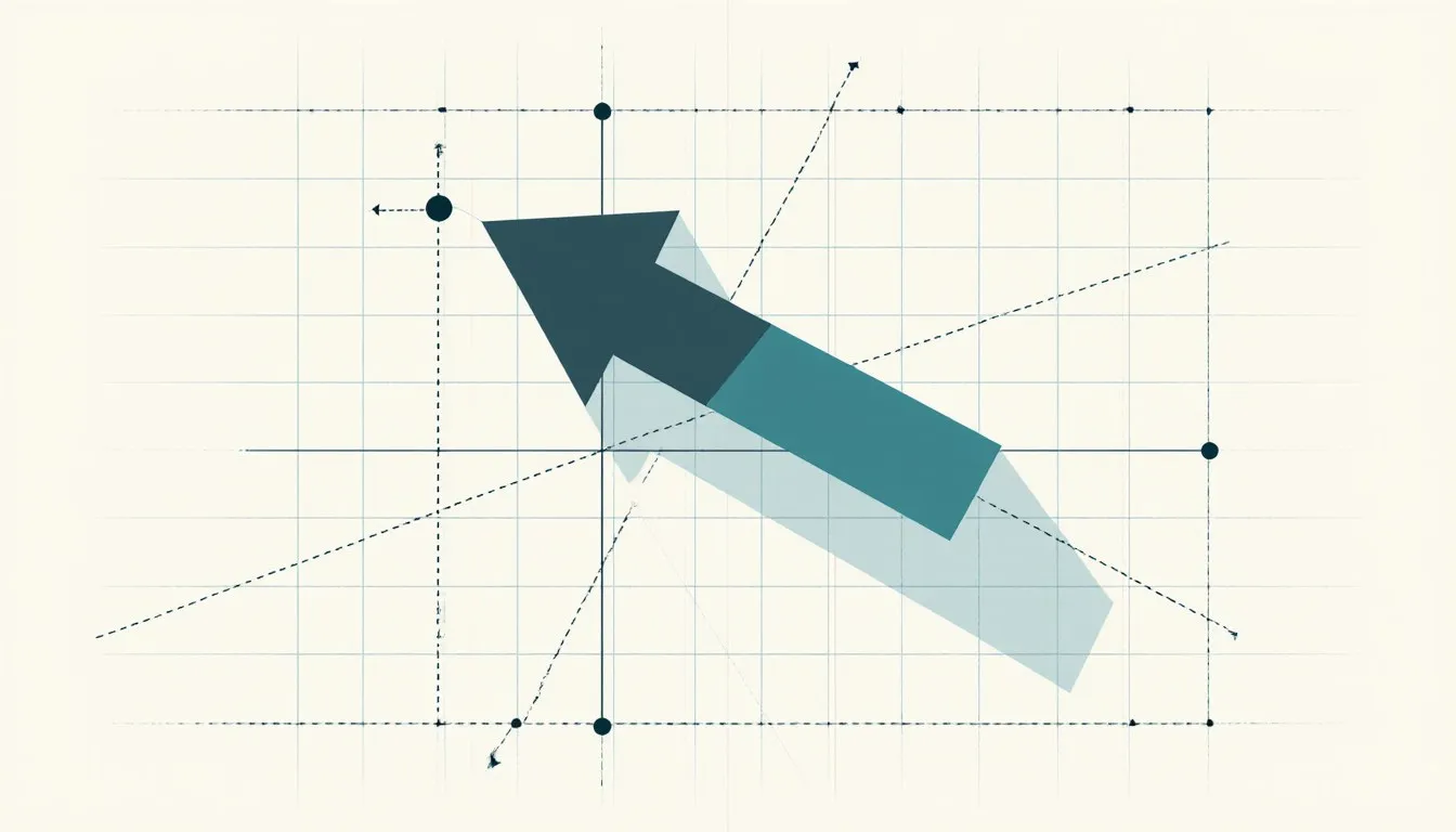 A bold diagonal arrow crossing a coordinate grid, with dashed guide lines forming a triangle to its tip, illustrating vector