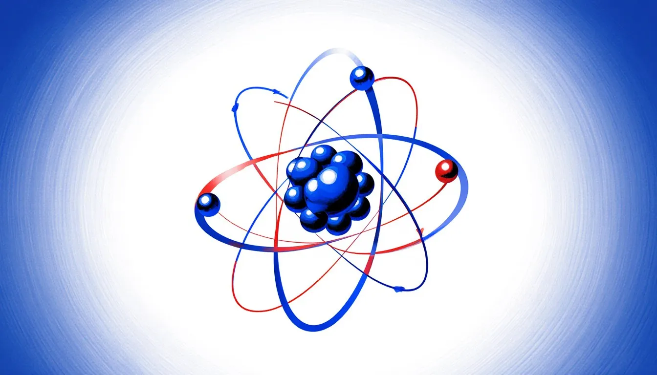 Stylized atom model with a clustered nucleus of protons and neutrons orbited by electrons