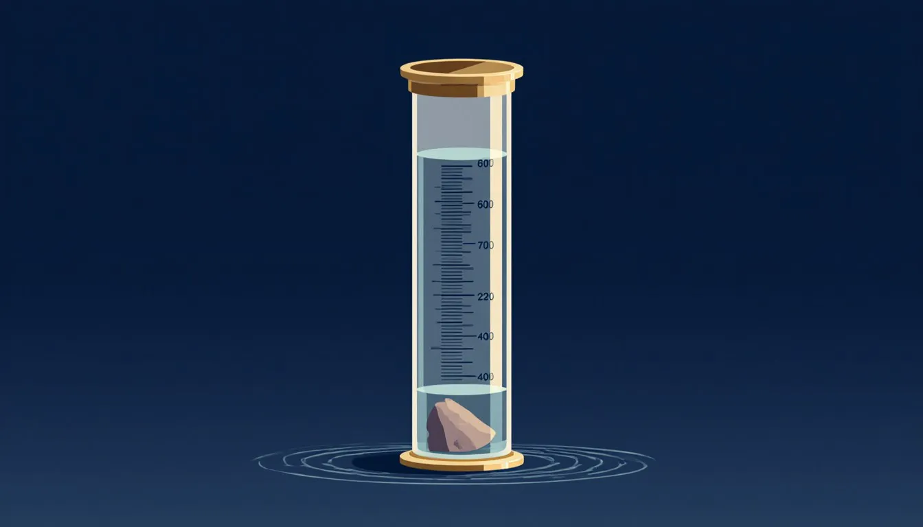 An irregular object submerged in a graduated cylinder, raising the water level to measure its volume by displacement