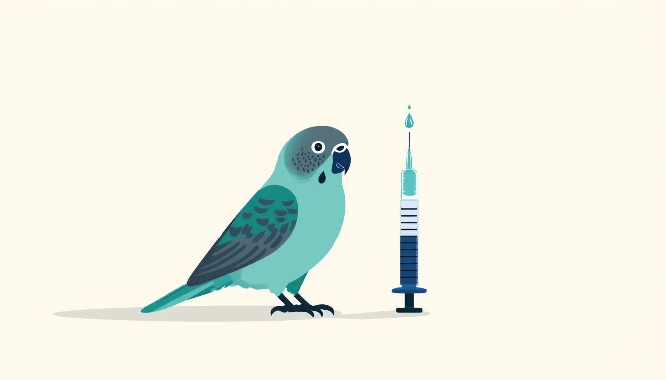 A small pet parakeet perched beside an oral dosing syringe used for giving liquid medication to birds
