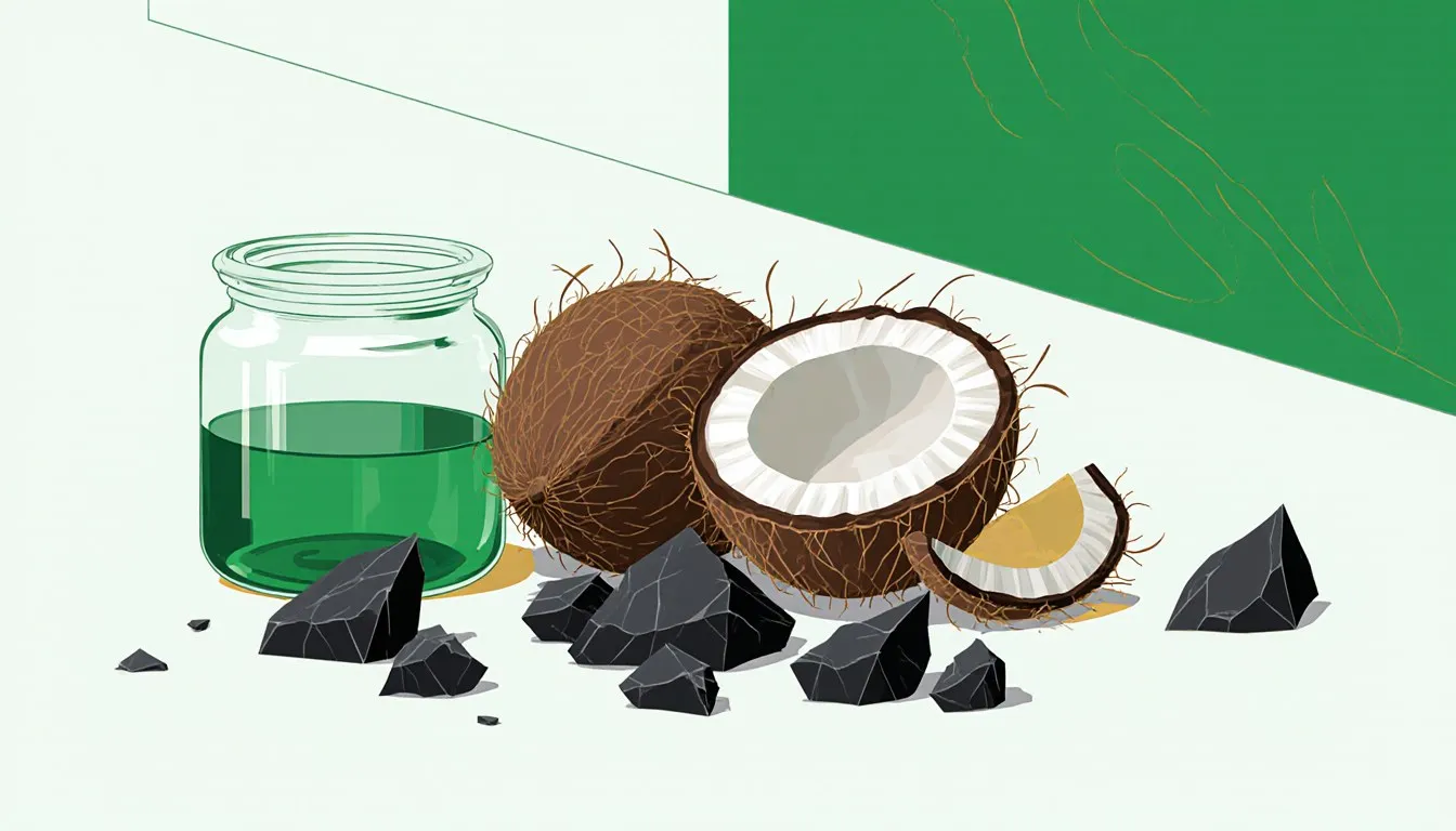 Broken coconut shell halves and chunks of activated charcoal beside a glass jar of solution