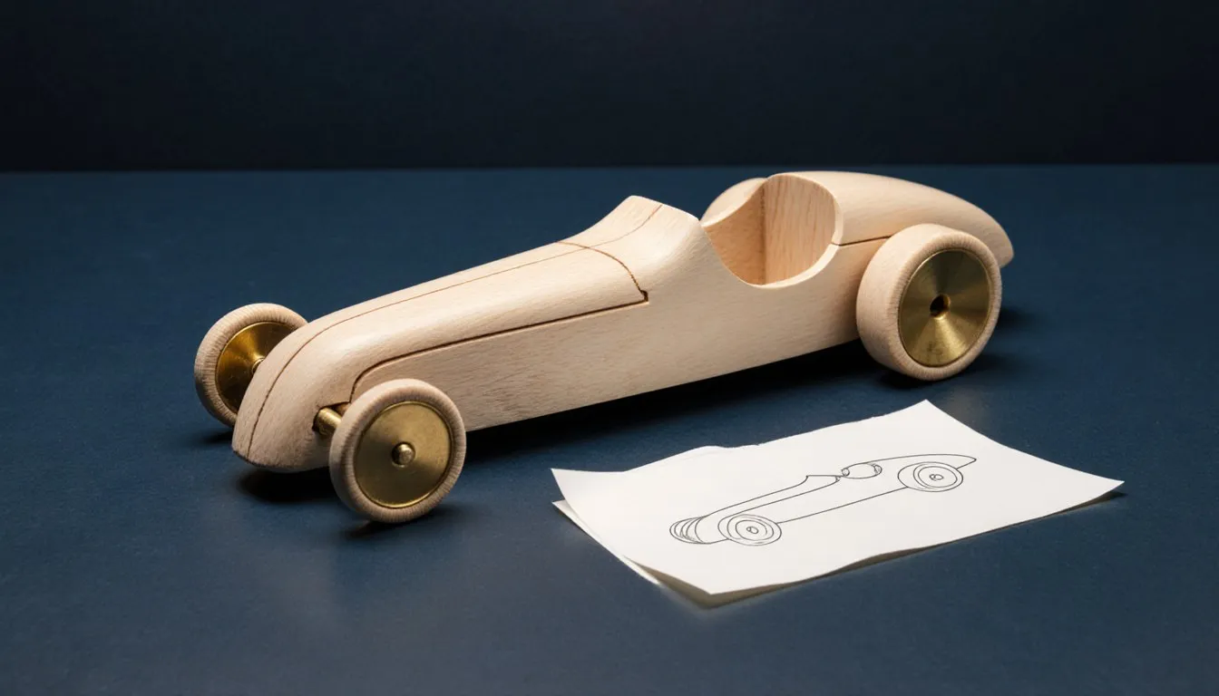 A carved balsa-wood CO2 dragster body with slim wheels, resting beside its pencil-sketched design on a workbench.