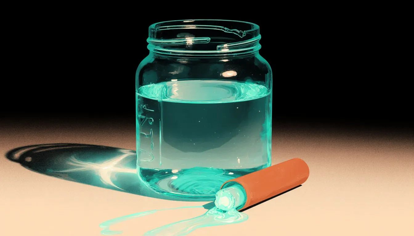 A glass jar of glowing blue-green water beside an open glow stick, showing how to make water glow without a black light.