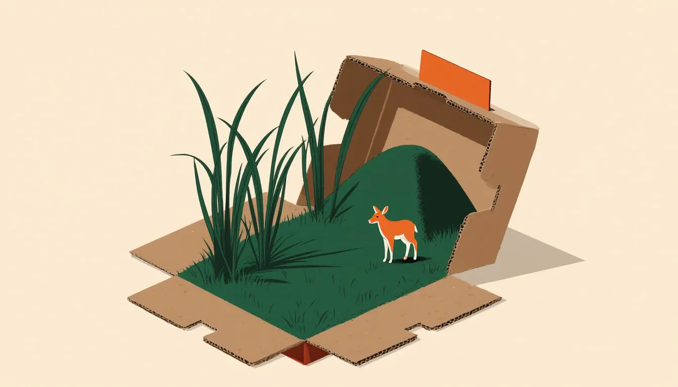 An open shoebox diorama with paper grass, a clay hill, and a toy animal forming a miniature grassland scene