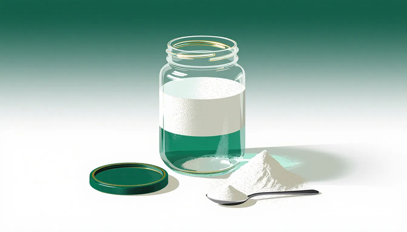 A glass jar of clearing limewater with white sediment settled at the bottom beside a mound of slaked lime powder