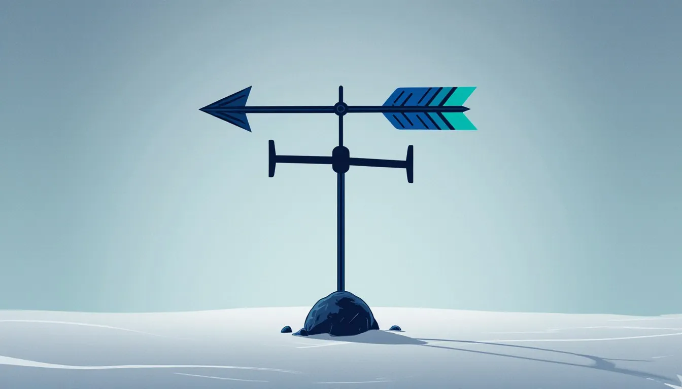 A simple handmade wind vane with an arrow pointer balanced on a stick above crossed directional arms.