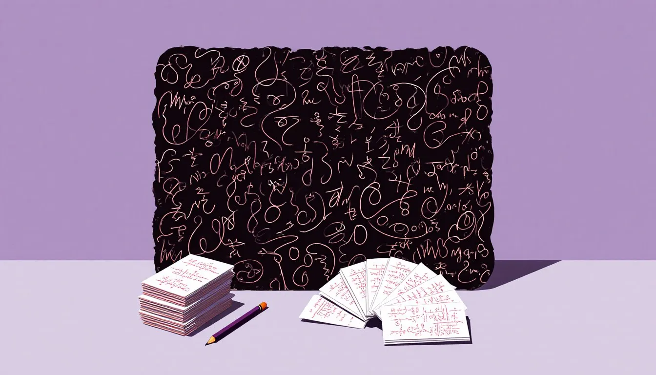 A chalkboard covered in abstract formula-like scribbles beside a stack of handwritten study note cards and a pencil.