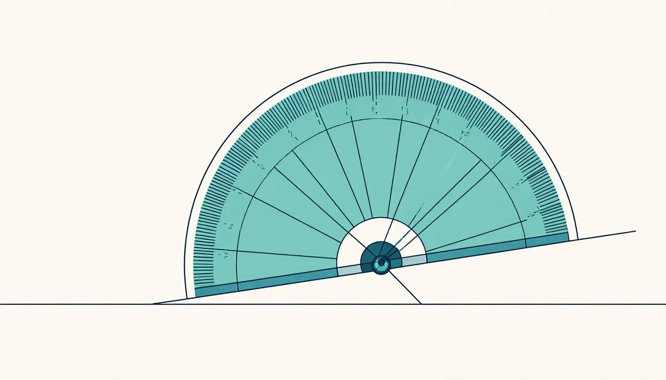 A transparent semicircular protractor laid over two lines meeting at a vertex, forming an angle for measurement.