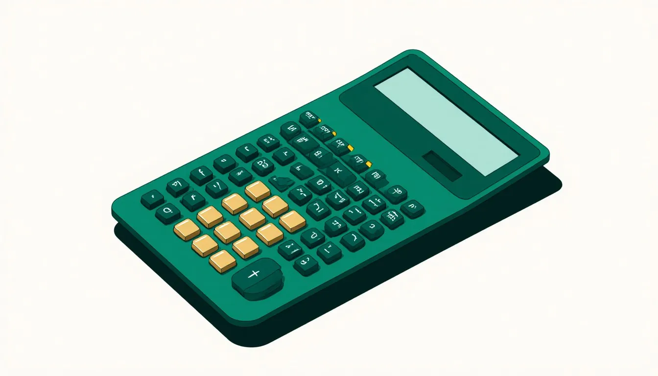 A scientific calculator with a display screen and rows of function keys, shown at an angle