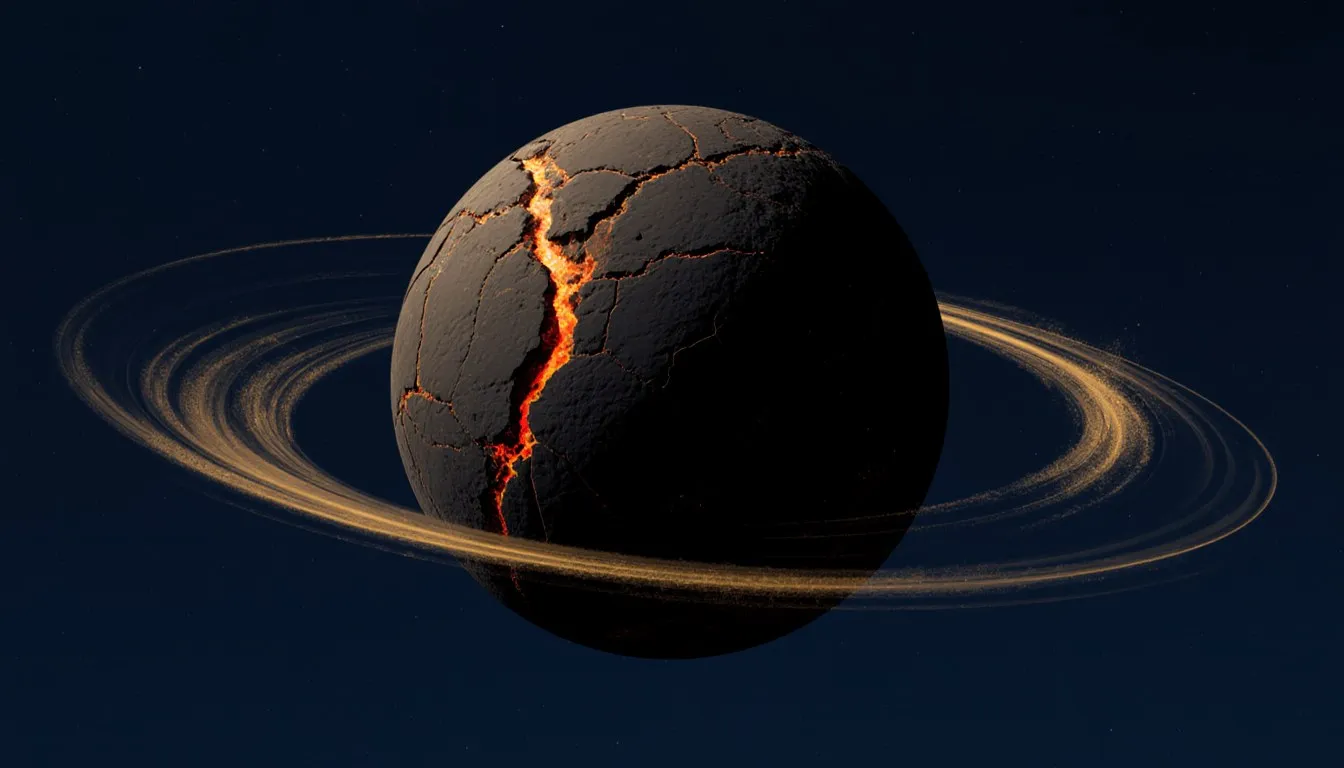 A molten young Earth with a cracked, glowing crust cooling amid a swirling disk of primordial dust and gas.
