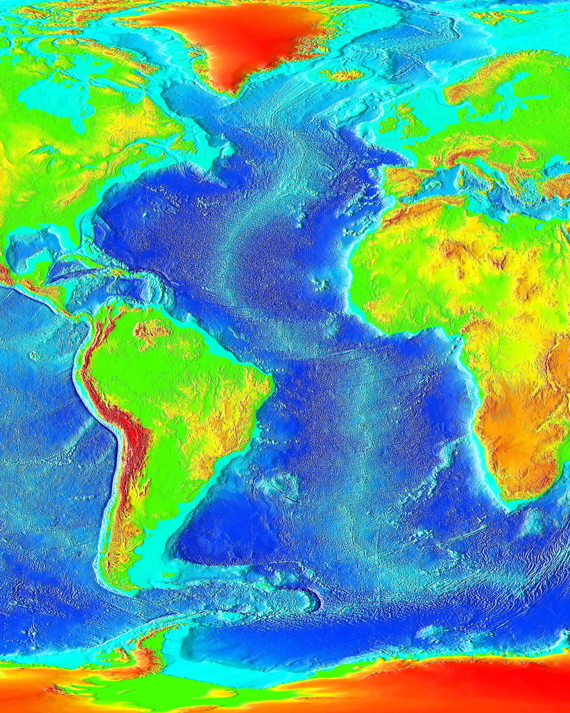 Seafloor relief map showing the Mid-Atlantic Ridge running down the ocean floor