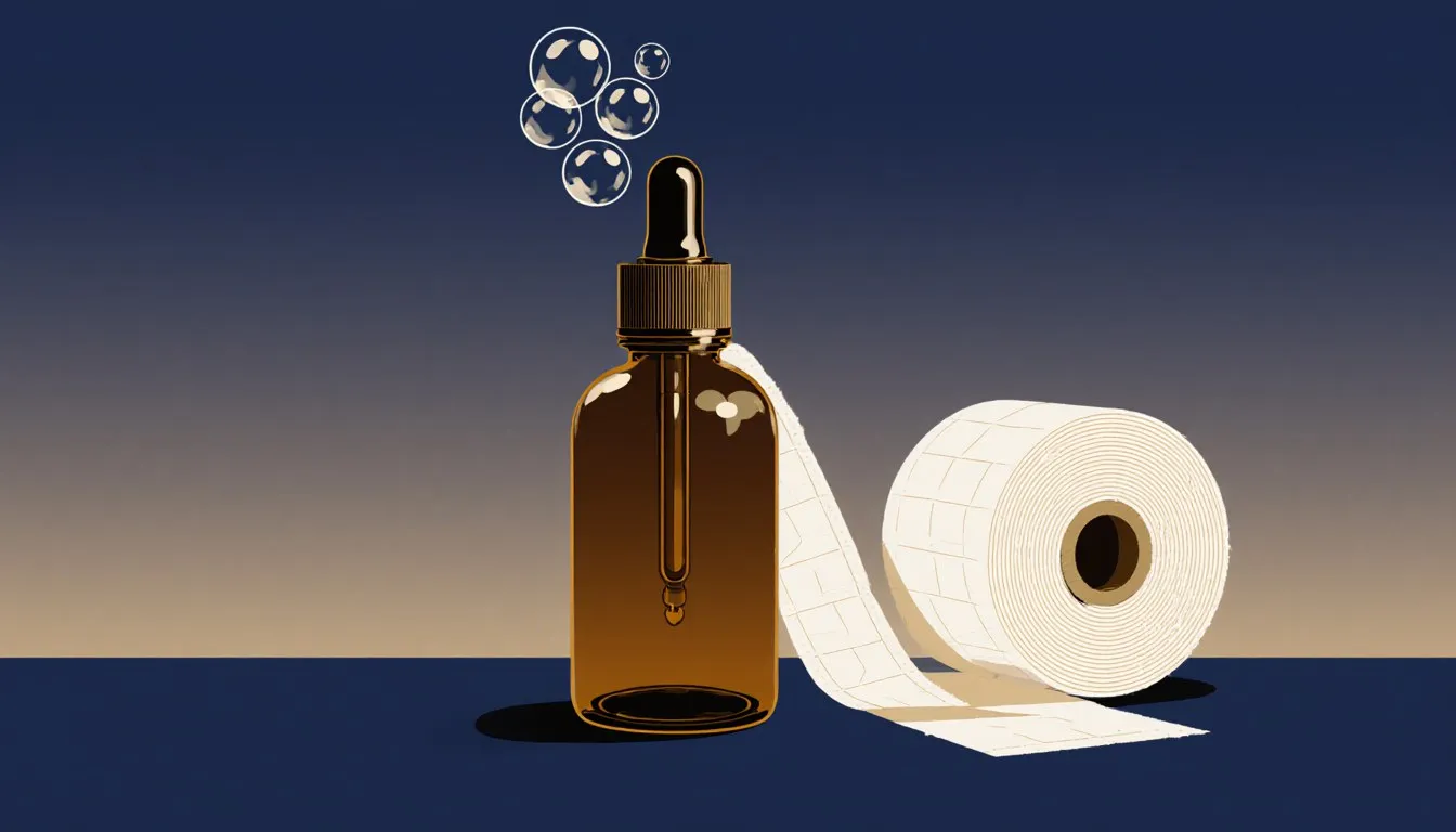 Amber dropper bottle of hydrogen peroxide fizzing beside a rolled cotton bandage, representing its use as a medical