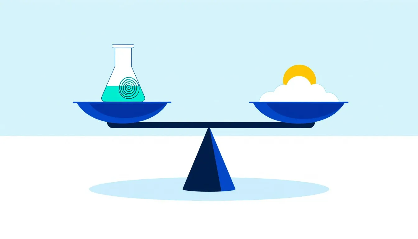 A balance scale weighing a laboratory beaker against a sun-and-cloud icon, symbolizing hypothesis versus prediction
